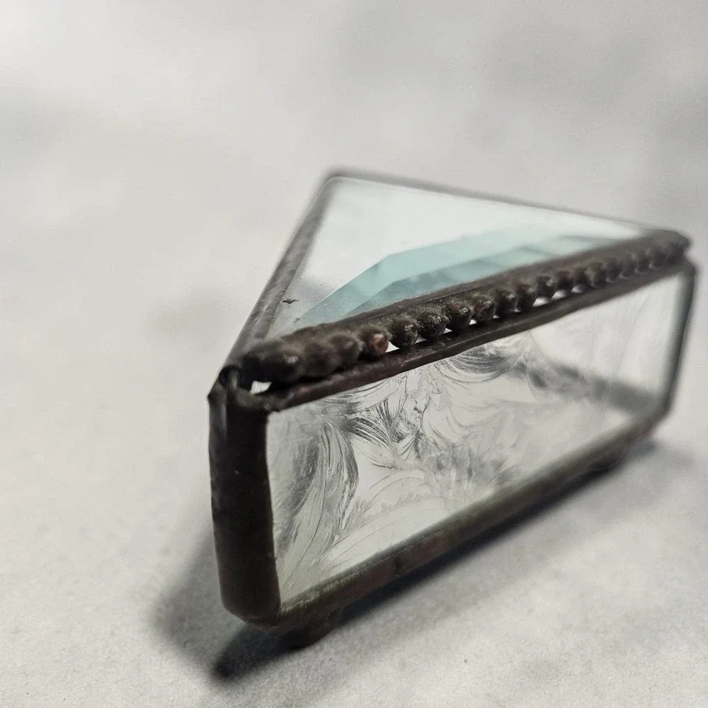 Vintage Etched Clear Beveled Leaded Glass Jewelry Triangle Art Deco Box Trinket